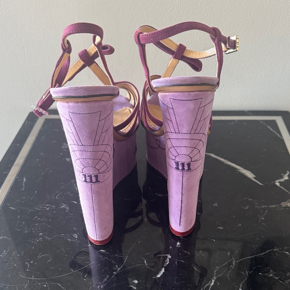 Charlotte Olympia for Bergdorf Goodman Purple suede Wedge Sandals 39 RARE! NEW! - Picture 3 of 8
